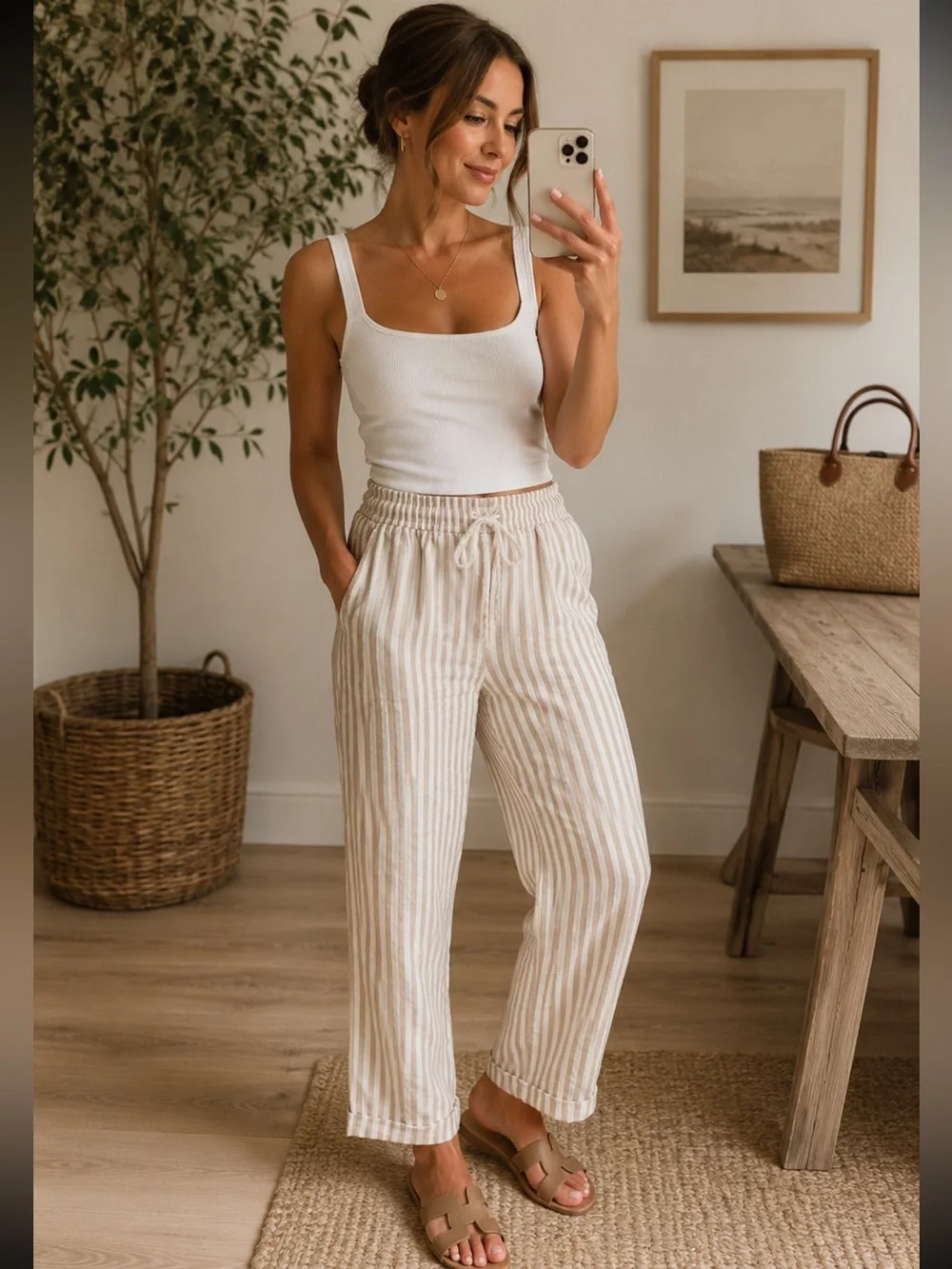 Zara Beige White Striped Drawstring Linen Blend Cropped Pants Medium M